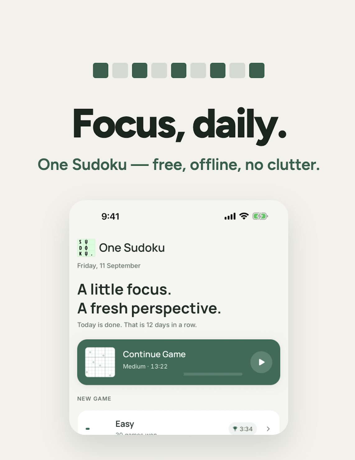 One Sudoku home screen on iPhone, showing the four difficulty levels and the daily challenge.