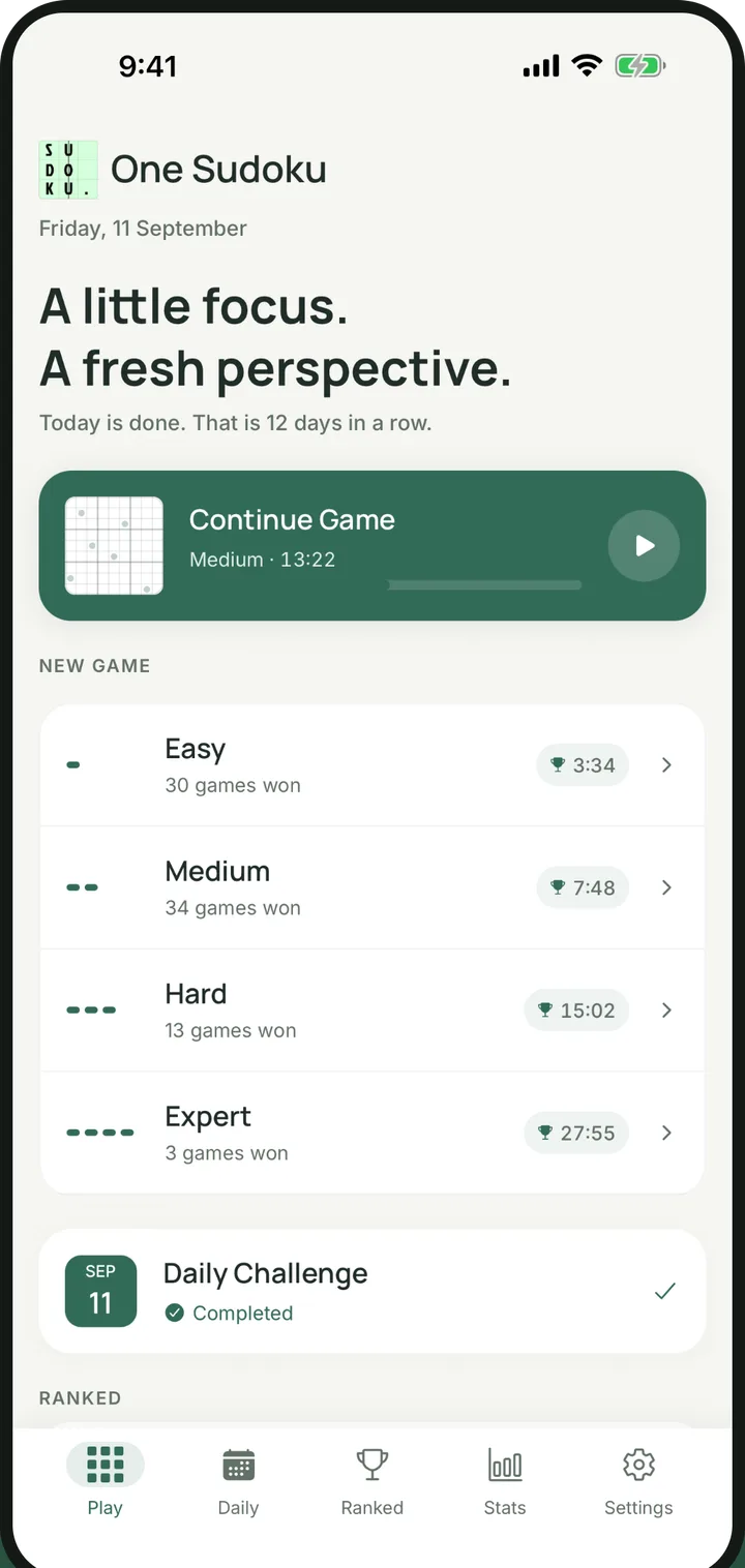 The One Sudoku home screen on iPhone, showing the four difficulty levels with best times, a game in progress, and the completed daily challenge.